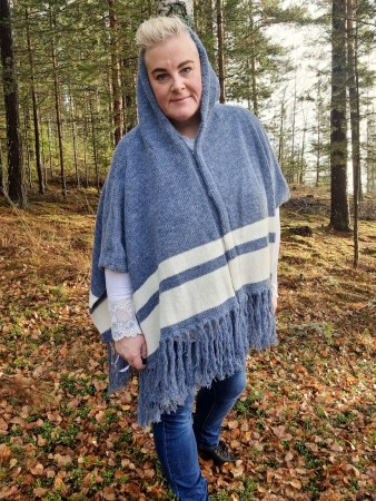 Poncho med hette jeansblå - GitteDaa